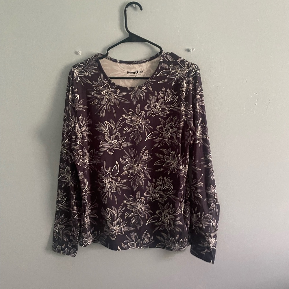 Hang Ten Women's Floral Long Sleeve Blouse - blue and Cream